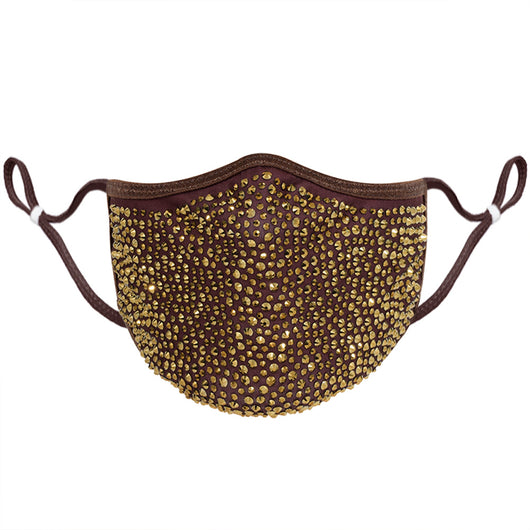 Beige fashion face mask covered in clear rhinestones with adjustable ear loops for a sparkly look. - Image 5
