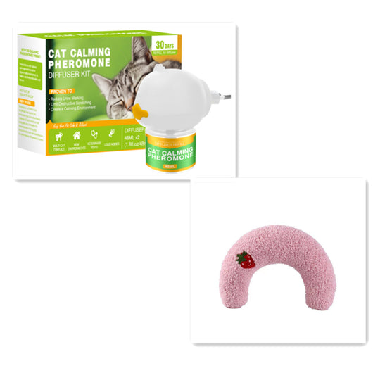 Cat Calming Pheromone Diffuser Kit with a white plug-in diffuser and a green refill bottle, next to its green and white box. - Image 14