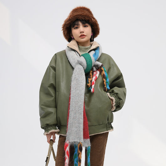 Bufanda Jacquard de Lana con Flecos Trenzados y Contraste