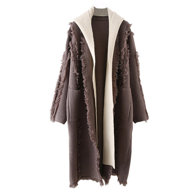 Cardigan Tejido con Capucha y Borlas - Suéter Falsa Dos Piezas Largo - Image 6