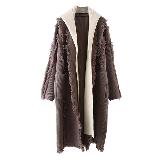 Cardigan Tejido con Capucha y Borlas - Suéter Falsa Dos Piezas Largo - Image 6