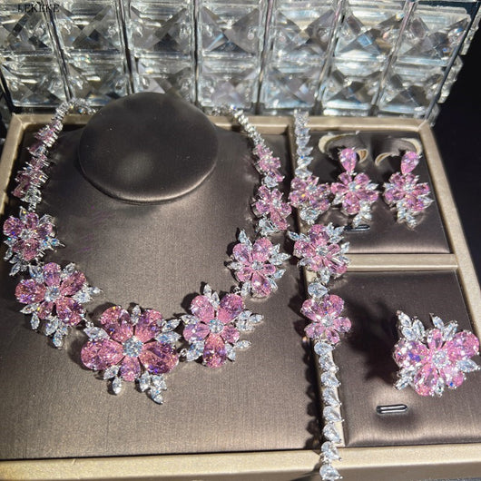 Conjunto de Joyería Floral con Circonita Completa: Collar, Aretes, Pulsera y Anillo - Image 6