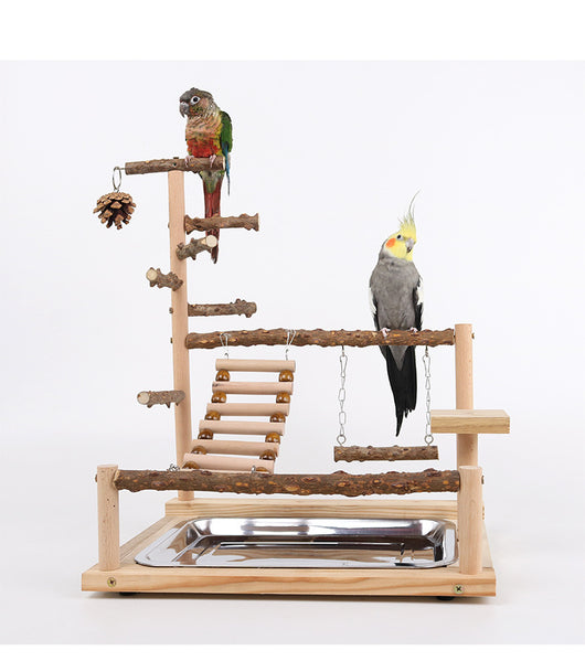 Multi-level natural wood parrot play stand with perches, ladder, swings, and two stainless steel feeding cups. - Image 15