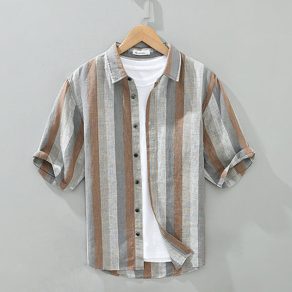 Camisa de Lino Teñida Vintage para Hombre con Rayas Contrastantes y Manga Corta