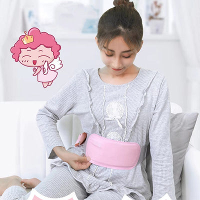 Woman relaxing on a couch, wearing a pink warm palace belt around her lower abdomen for comfort and pain relief. - Image 11