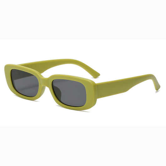 Rectangular tortoiseshell sunglasses with a small frame and dark gray lenses, angled on a white background. - Image 17