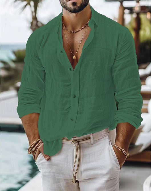 Camisa Casual de Algodón y Lino para Hombre - Manga Larga Color Sólido - Image 27
