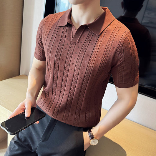 Camiseta Tejida Jacquard a Rayas con Escote en V