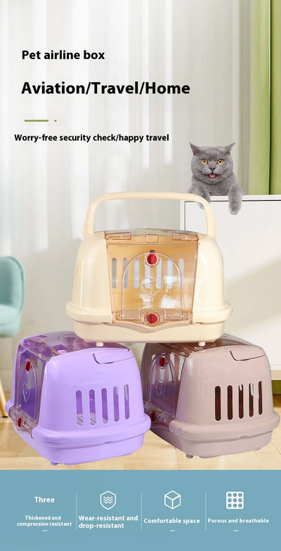 Brown pet carrier with a clear front door, top handle, ventilation slots, and a white urinating pad. - Image 17