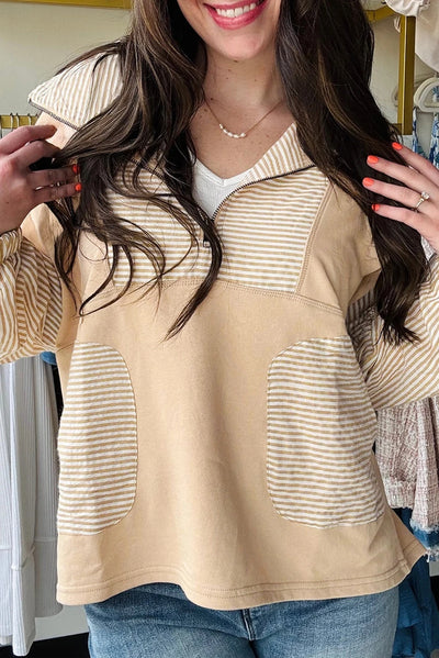 Blusa Holgada de Manga Larga con Rayas Patchwork y Hombro Descubierto - Image 6
