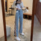Jeans Talle Alto con Aberturas Laterales Irregulares y Tirantes - Estilo Coreano