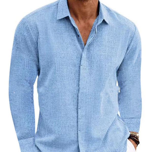 Camiseta Manga Larga Hombre Algodón Lino Cuello Redondo Básica