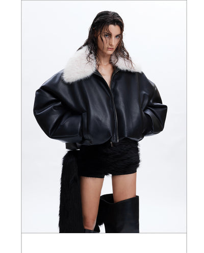 Chaqueta Acolchada de Cuero con Cuello de Piel Reciclada - Image 15