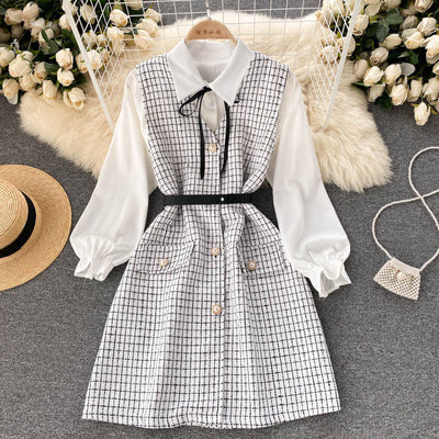 Vestido Houndstooth con Tirantes y Mangas Puff - Image 15