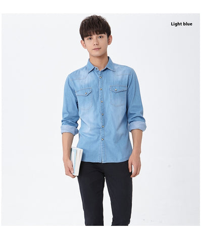 Camisa de Algodón Denim para Hombre de Manga Larga - Image 18