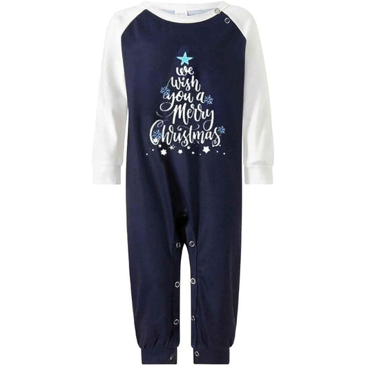 Matching family pajamas with navy blue and white raglan tops featuring a 'Let it Snow' graphic and snowman hat. Bottoms have a festive pattern of snowflakes, sn - Image 13