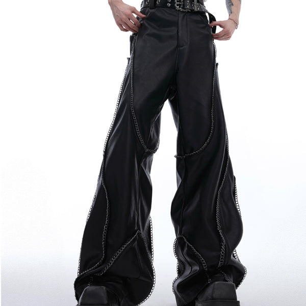 Pantalones Casuales de Cuero con Cadena Metalizada Vintage