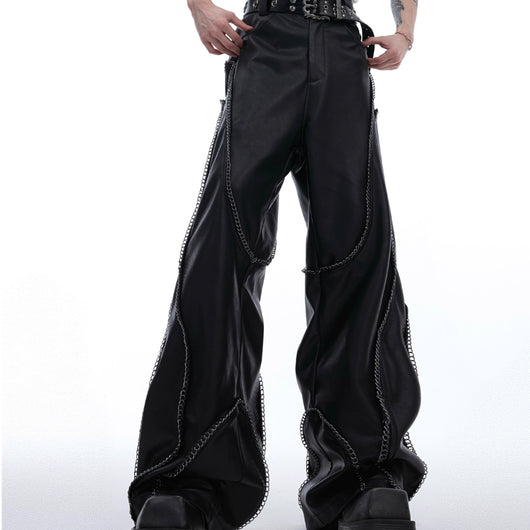 Pantalones Casuales de Cuero con Cadena Metalizada Vintage