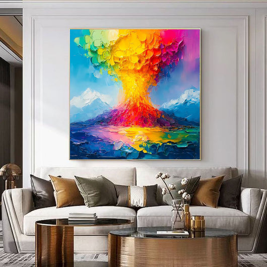 Cuadro Óleo Artesanal Erupción Volcánica - Lienzo Grueso Naranja y Azul - Image 3
