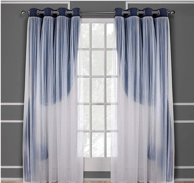 Dark blue double layer shading curtains with white sheer lace overlays, hung on a silver grommet rod. - Image 14