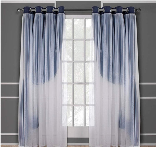 Dark blue double layer shading curtains with white sheer lace overlays, hung on a silver grommet rod. - Image 14