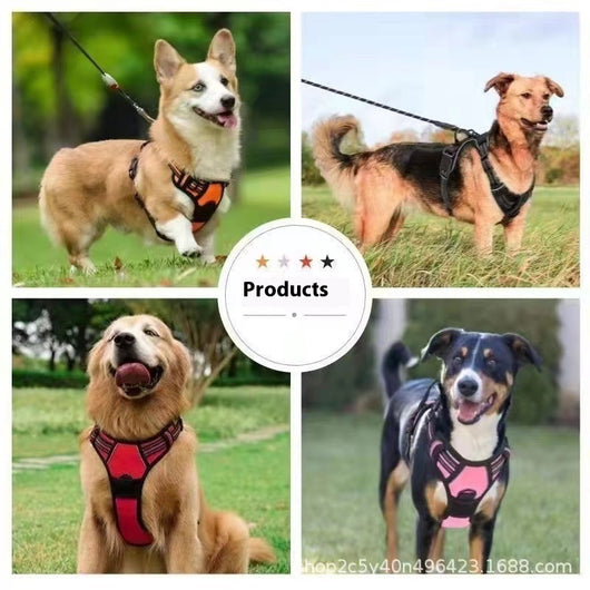 Red and black dog harness with reflective strips, adjustable straps, and a top handle for secure pet control. - Image 30