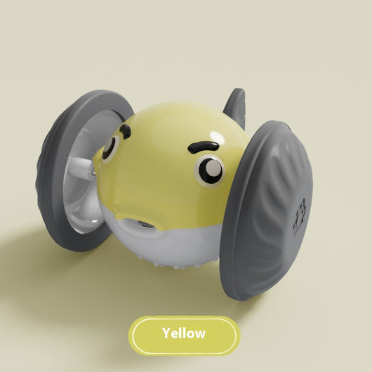 Yellow and white pet toy resembling a pufferfish with large gray wheels, designed for interactive play. - Image 7