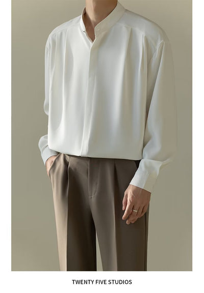 Camisa Casual Holgada de Manga Larga con Cuello Alzado para Hombre - Image 13