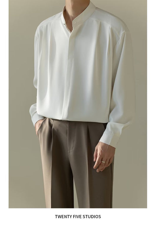 Camisa Casual Holgada de Manga Larga con Cuello Alzado para Hombre - Image 13