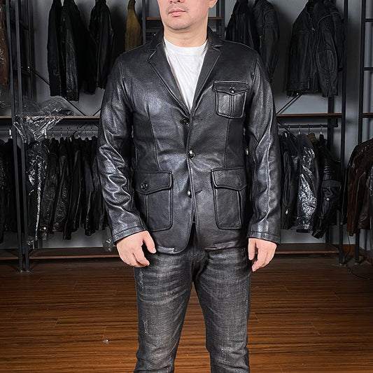 Blazer de Cuero Casual Abotonado Simple