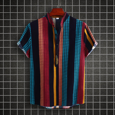 Camisa Étnica de Cuello Mao Rayas Algodón-Lino Manga Corta - Image 10
