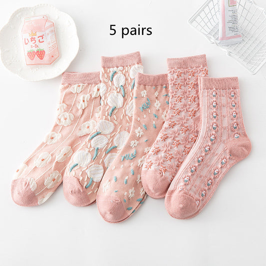 Calcetines de Algodón con Flores en Relieve 3D