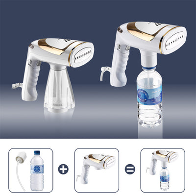White and gold handheld folding steam iron with clear cistern, long bristle brush, fluff brush, and measuring cup. - Image 3