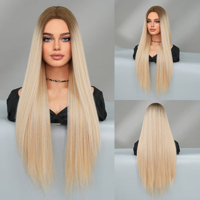 Peluca Larga Degradado Dorado Fibra Sintética Premium Cabello Liso Natural - Image 6