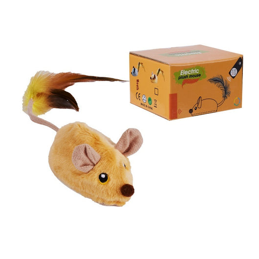 Yellow remote control electric plush mouse cat toy with a black remote and white USB charging cable. - Image 4