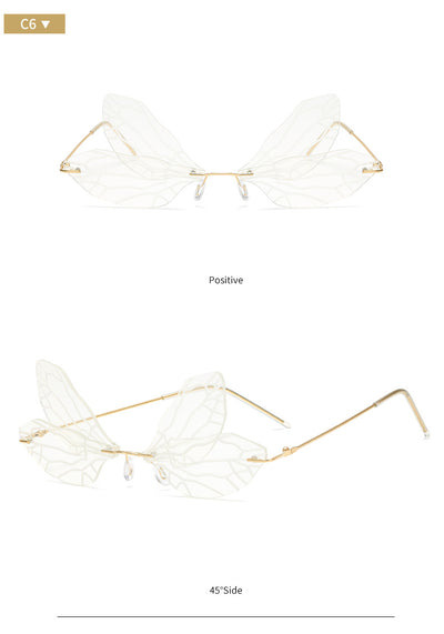 Light green rimless butterfly sunglasses with gold metal frames, featuring a unique veined lens design. - Image 15