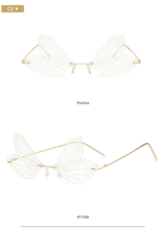 Light green rimless butterfly sunglasses with gold metal frames, featuring a unique veined lens design. - Image 15