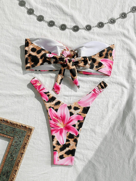 Women's tube top bikini swimsuit with a pink floral and leopard print, featuring a twisted front top and high-cut ruched bottom. - Image 14