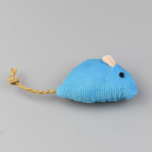 Blue plush mouse cat toy with a corduroy texture, beige ears, black eyes, and a braided rope tail. - Image 12