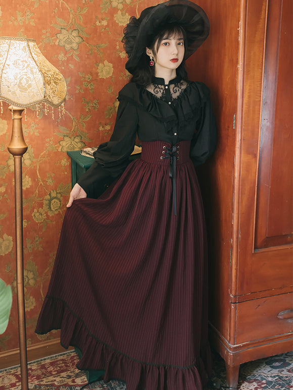 Conjunto Retro Elegante: Blusa Manga Larga y Falda Midi