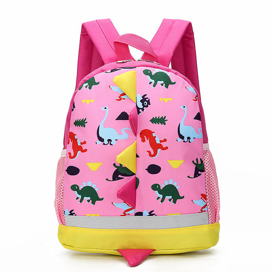 Pink children's backpack with colorful cartoon dinosaurs, yellow base, reflective strip, and mesh side pockets. - Image 6