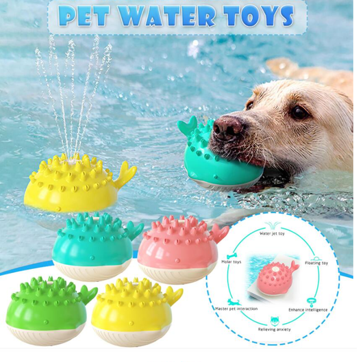 Yellow and white pufferfish-shaped dog toy with spikes, designed for floating and water spray during summer bathing. - Image 7