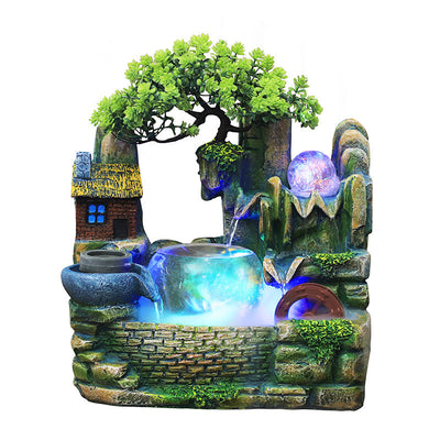 Desktop waterscape fish tank and creative humidifier with LED lights, miniature house, and artificial tree. - Image 9