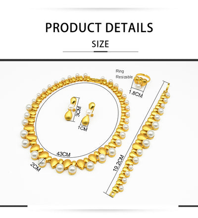 Women's four-piece jewelry set with matte gold teardrop links and white pearls, including a necklace, earrings, ring, and bracelet. - Image 10