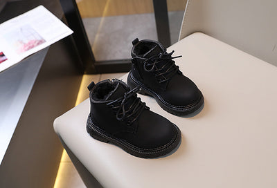 Black children's fashion Martin boots with laces and a side zipper, featuring a thick rubber sole. - Image 23