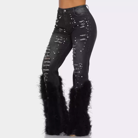 Jeans Stretch Rasgados con Detalles de Perlas - Image 2