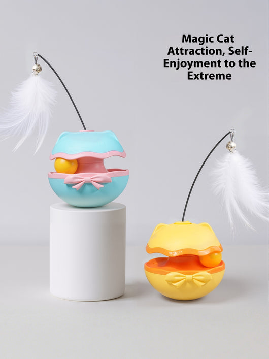 Lemon yellow electric cat toy tumbler with a white feather teaser and two teal worm-like replacement heads. - Image 9