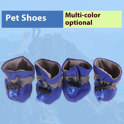 Four blue pet booties with grey trim and adjustable blue drawstrings, designed for dogs or puppies.