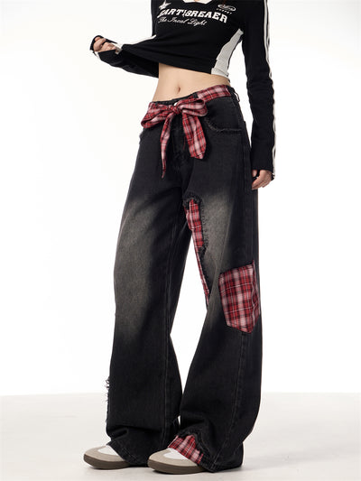Pantalones Jeans Rectos Anchos para Mujer con Cuadros y Moño - Image 13