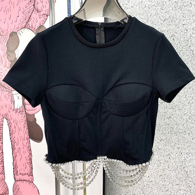 Blusa Francesa de Pedrería con Corte Tridimensional, Ajustada y Manga Corta para Mujer - Image 15